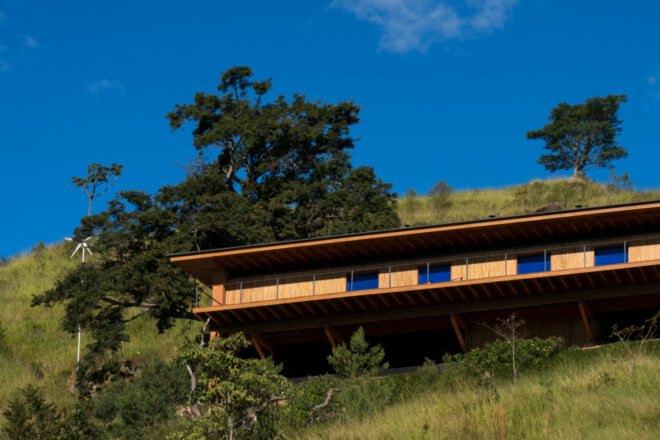 long wood home surrounded by greenery