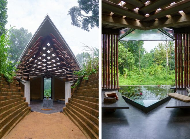 On the left, wood and mud home with pointed roof. On the right, indoor garden and pond.