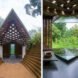 On the left, wood and mud home with pointed roof. On the right, indoor garden and pond.