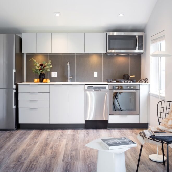 bright kitchen with wood floors and white cabinets