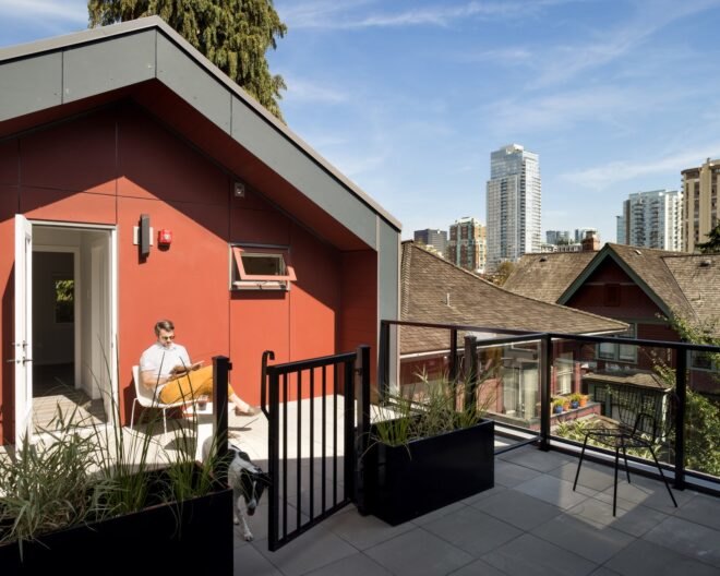 person sitting on rooftop deck with dog