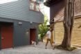 person walking dog beside a tree and gray building