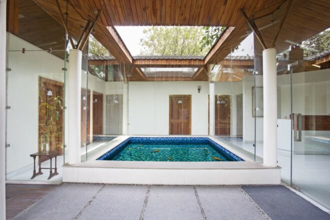 square fishpond enclosed in glass