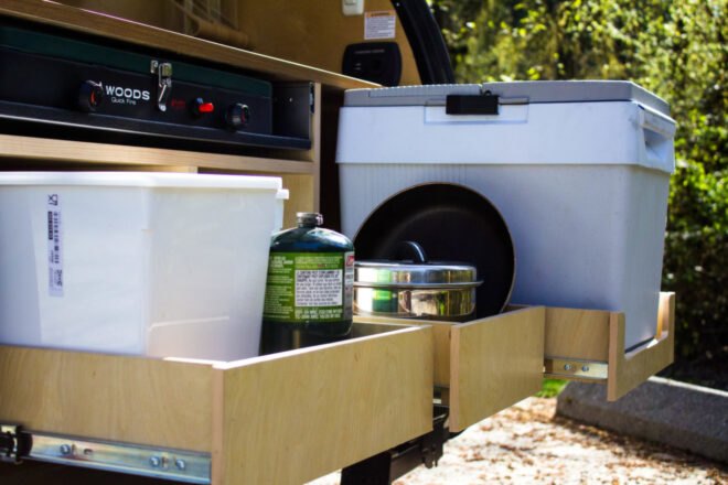 kitchen installed in teardrop trailer