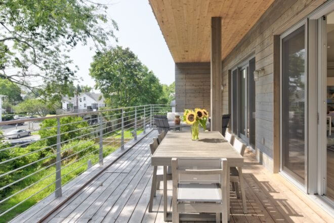 wood deck with wood dining table