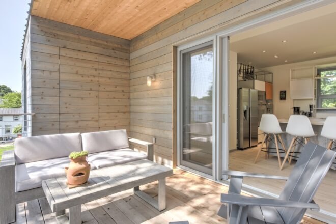 patio set with plant on table