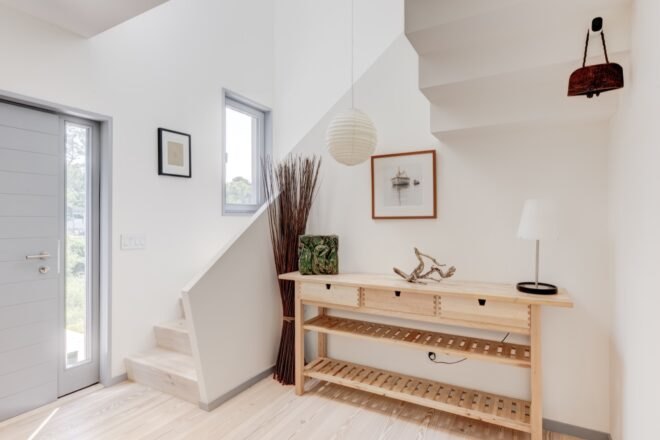 entryway with wood table