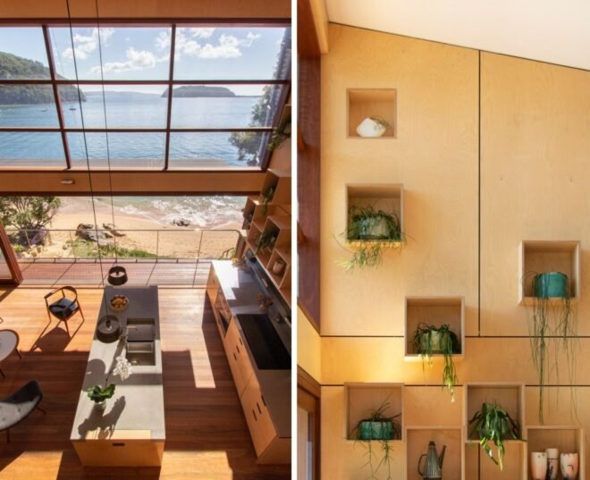 On the left, aerial view of open-plan living space. On the right, wall with cubbies that hold plants.