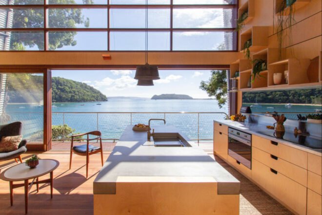 kitchen island beside glass wall