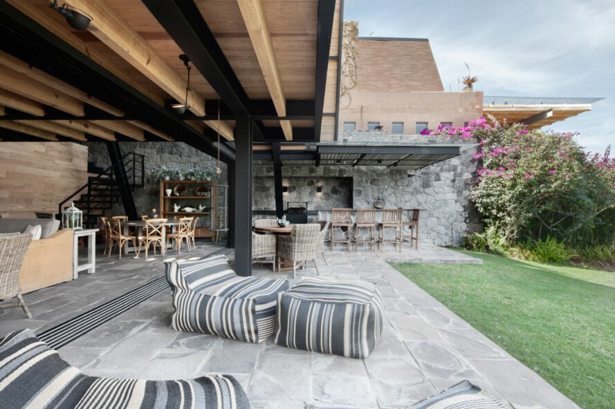 outdoor patio with soft striped beanbag chairs
