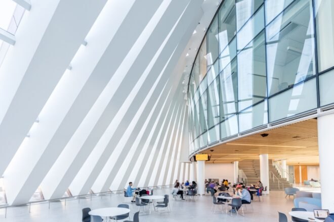 white room with tall, pleated ceiling