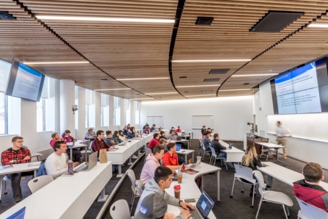 students working in a college classroom