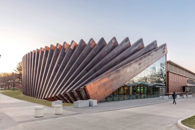copper facade that looks like falling dominoes