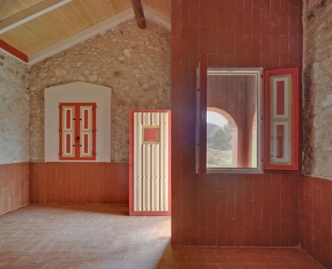 interior of brick home with pitched roof