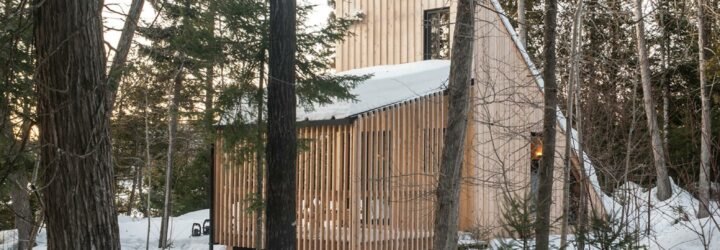 wood A-frame micro home in snowy forest