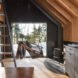 suspended chair near a fireplace and large window with views of snowy forestscape