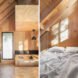 On the left, small kitchenette and dining space. On the right, cozy bed in wood-lined loft area