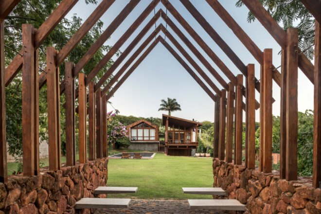 interior of wooden open-air chapel
