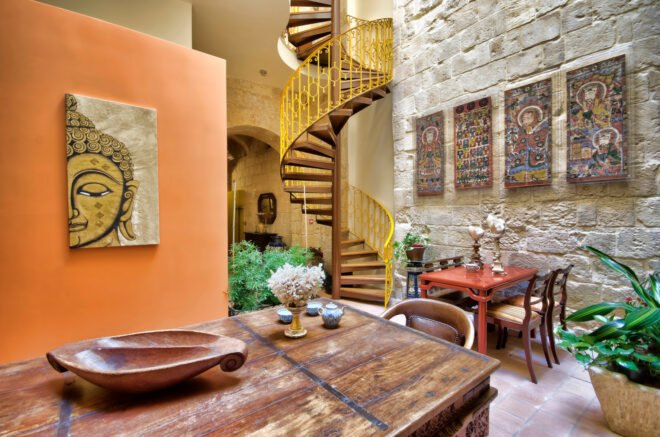 an interior area with spiral staircase
