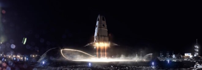 rendering of rocketship on the moon