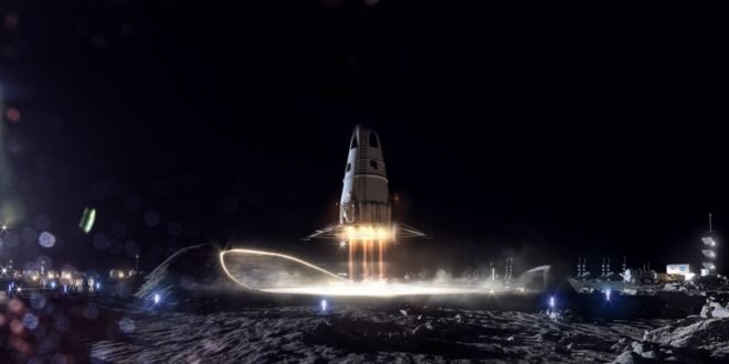 rendering of rocketship on the moon