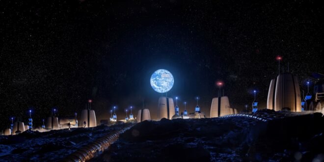rendering of pod-like buildings on the moon with Earth in the sky