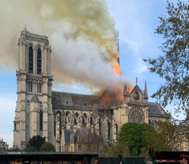 fire on roof of Notre Dame cathedral
