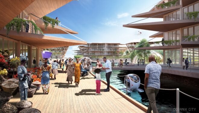 rendering of people walking on wood paths over water