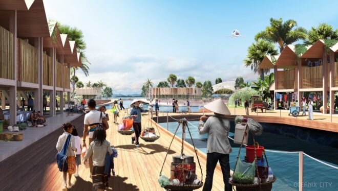 rendering of people walking near wooden floating buildings