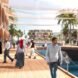 rendering of people walking on wood bridges connecting floating buildings