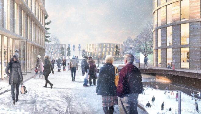 rendering of people walking through snow on floating buildings