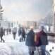 rendering of people walking through snow on floating buildings