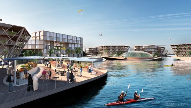 rendering of floating buildings