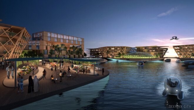 rendering of floating buildings at dusk