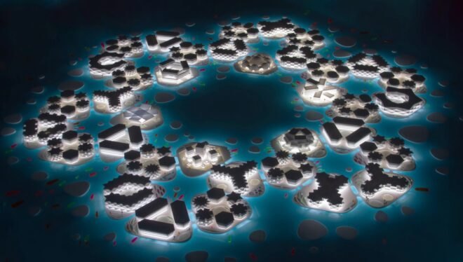 aerial rendering of a floating city