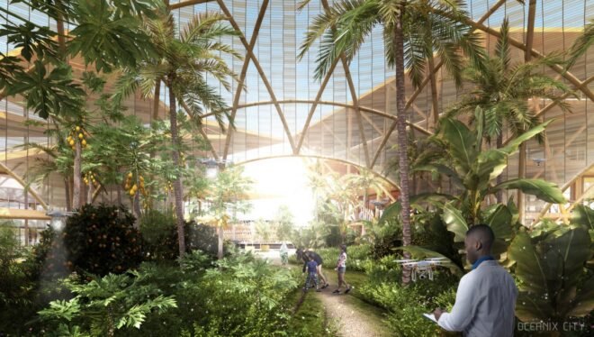 rendering of people walking inside a greenhouse