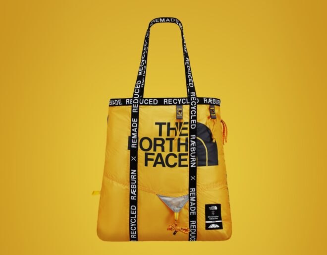 yellow bag with north face logo in front and black straps