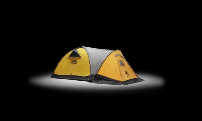 yellow, gray and black north face tent