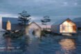 rendering of gabled wood and glass cabins on a island