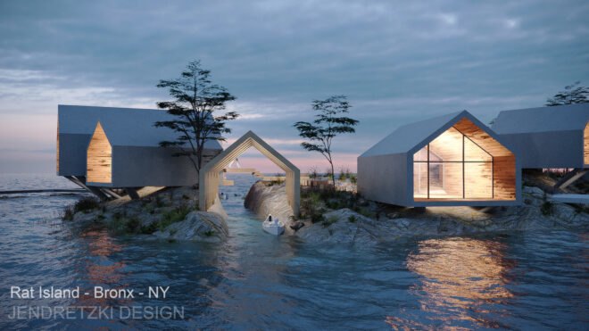 rendering of gabled wood and glass cabins on a island