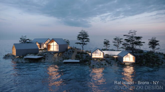 rendering of gabled wood and glass cabins on a island at dusk