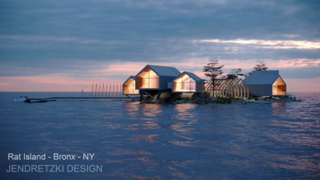 rendering of a series of gabled wood and glass cabins on an island