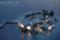 rendering of wood cabins with glass walls on an island