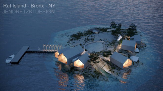 rendering of wood cabins with glass walls on an island