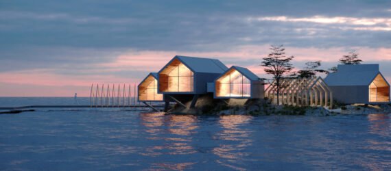 rendering of a series of gabled wood and glass cabins on an island