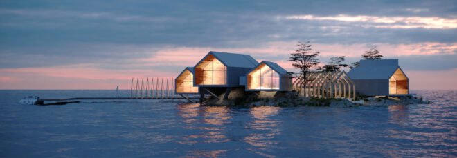 rendering of a series of gabled wood and glass cabins on an island