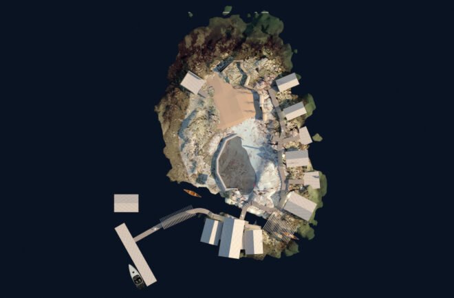 aerial rendering of island with buildings on the edge of the landscape