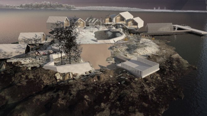 rendering of community of gabled cabins