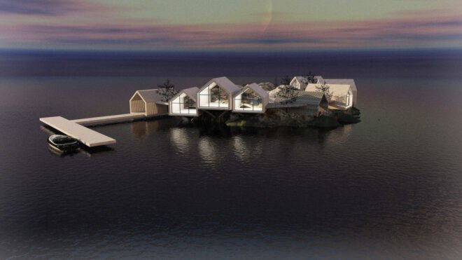 rendering of gabled cabins on an island lit up at night