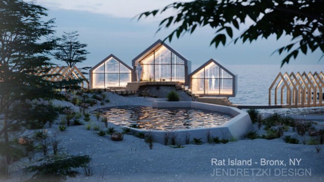 rendering of wood cabins with glass walls